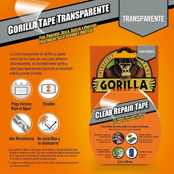 Gorilla Cinta de reparación Americana - Transparente, 8,2 m x 48 mm - Cinta Transparente Gorilla: cinta de reparación transparente ultra fuerte. Versátil, impermeable, flexible y resistente a los rayos UV.