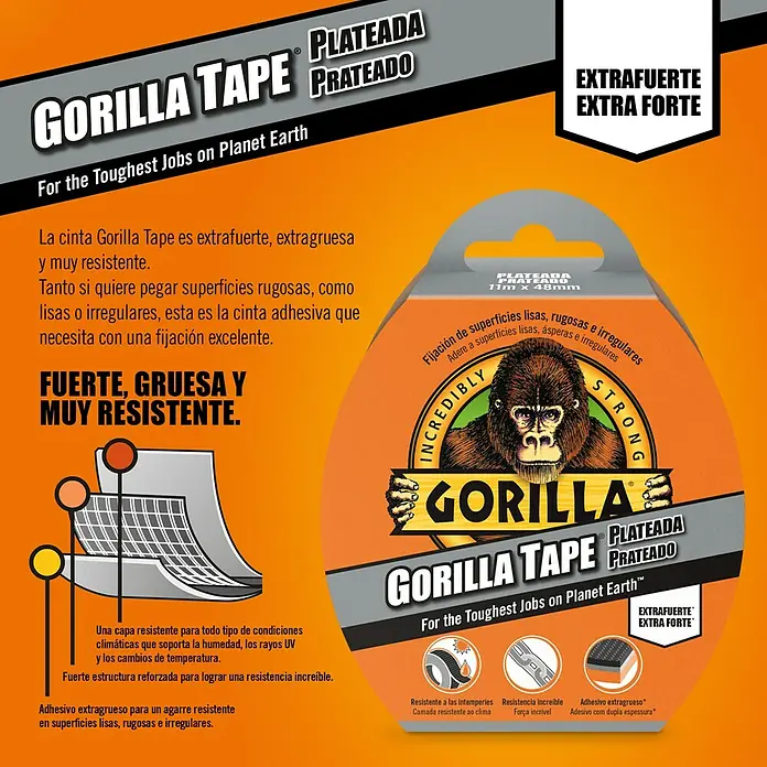 Gorilla Cinta de reparación Americana - Gris, 11 m x 48 mm - Imagen de Gorilla Tape Plateada, una cinta extra fuerte y gruesa diseñada para los trabajos más duros.