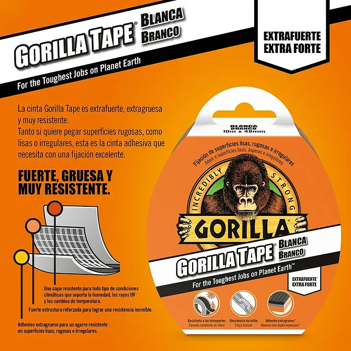 Gorilla Cinta de reparación Americana - Blanco, 27 m x 48 mm - Imagen del producto de Gorilla Tape Blanca Branco, una cinta adhesiva extra fuerte y gruesa para los trabajos más duros.