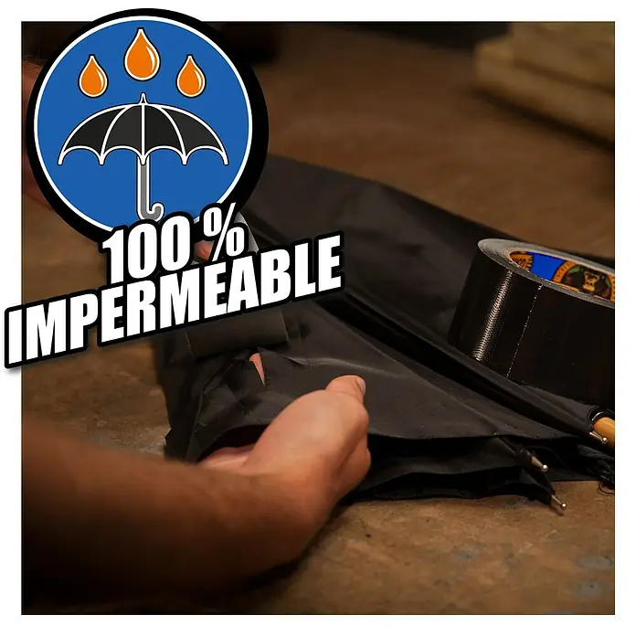 Gorilla Cinta de reparación Americana - Negro, 11 m x 48 mm - La imagen muestra un paraguas dañado reparado con cinta adhesiva negra, promocionado como "100% impermeable" con un icono a prueba de lluvia.
