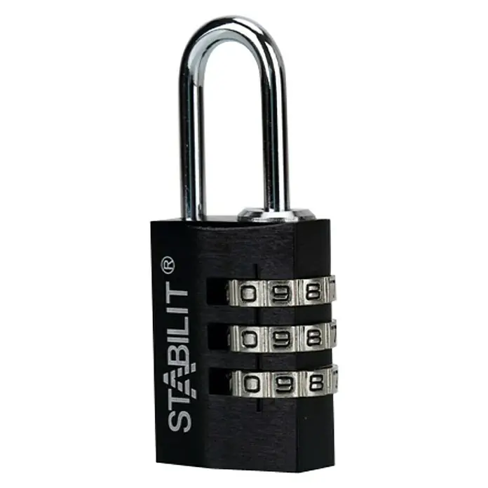 Stabilit Candado con combinación ZA-20 S - Ancho: 21 mm, Aluminio, Negro - La imagen muestra un candado de combinación negro STABILIT con tres rodillos y un grillete plateado.
