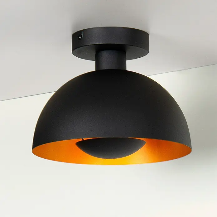 Lucide Siemon Deckenleuchte rund - 40 W, Ø x H: 25 x 18,5 cm, Schwarz/ Gold, E27 - Schwarze Deckenleuchte mit goldenem Innenraum, die ein warmes, einladendes Licht ausstrahlt. Modernes Design für stilvolle Beleuchtung.