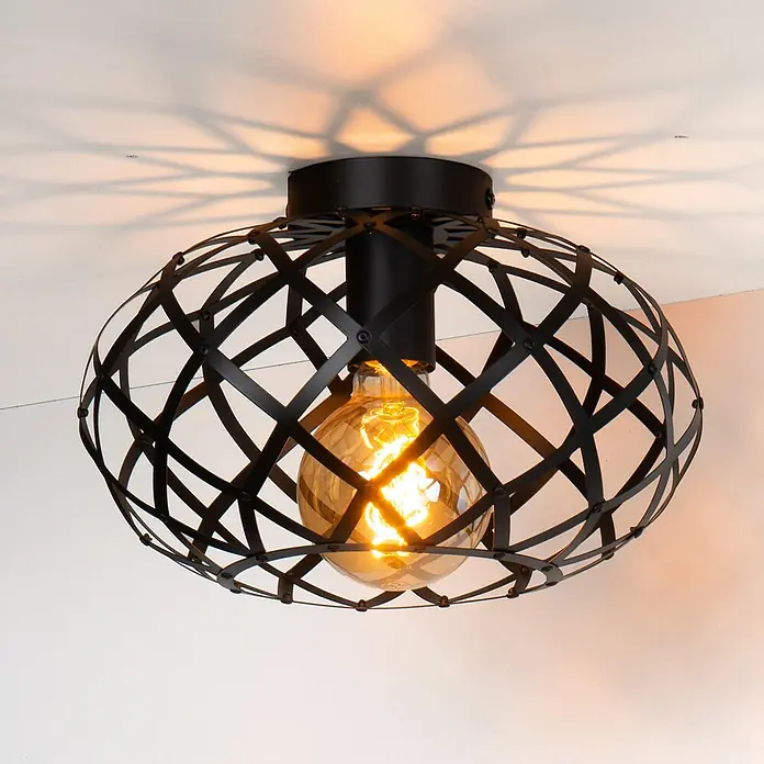Lucide LED-Deckenleuchte rund Wolfram - 40 W, Ø x H: 30 x 20 cm, Schwarz, Schwarz - Attraktive Deckenleuchte mit schwarzem Metallkäfig und warm leuchtender Glühbirne, die ein dekoratives Lichtmuster an die Decke wirft.