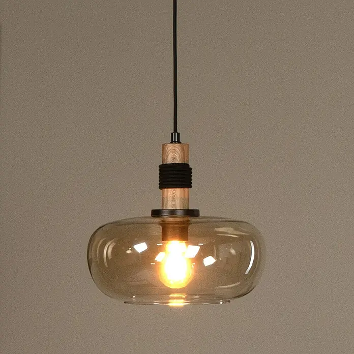 Lucide Ilona Pendelleuchte - 40 W, L x B x H: 12 x 12 x 162 cm, Amber, E27 - Elegante Pendelleuchte mit bernsteinfarbenem Glasschirm und Holzelementen. Sie sorgt für warmes Licht und ist ein Blickfang im Raum.