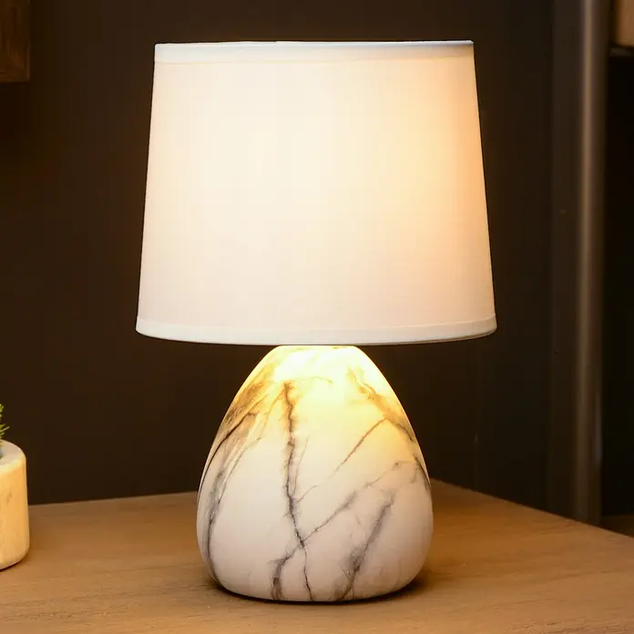 Lucide Deko-Tischleuchte Marmo - 40 W, Weiß, E14, Ø x H: 16 x 19 cm - Elegante Tischlampe mit Marmorbasis und weißem Lampenschirm. Die Lampe sorgt für eine warme und stilvolle Beleuchtung in jedem Raum.