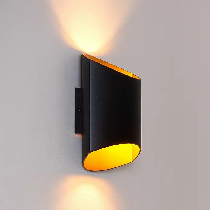 Lucide Wandleuchte Diletta - 40 W, L x B x H: 22,5 x 16 x 8,5 cm, Schwarz, G9 - Schwarze Wandleuchte mit goldenem Interieur. Das Licht scheint nach oben und unten.