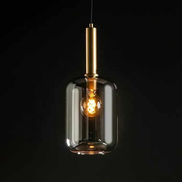 Lucide Pendelleuchte Joanet - 40 W, L x B x H: 32,5 x 32,5 x 150 cm, Rauchfarben, E27, Anzahl Leuchtmittel: 1 Stk. - Elegante Pendelleuchte mit einem transparenten Glaszylinder und goldfarbenen Akzenten, die ein warmes, einladendes Licht verbreitet.