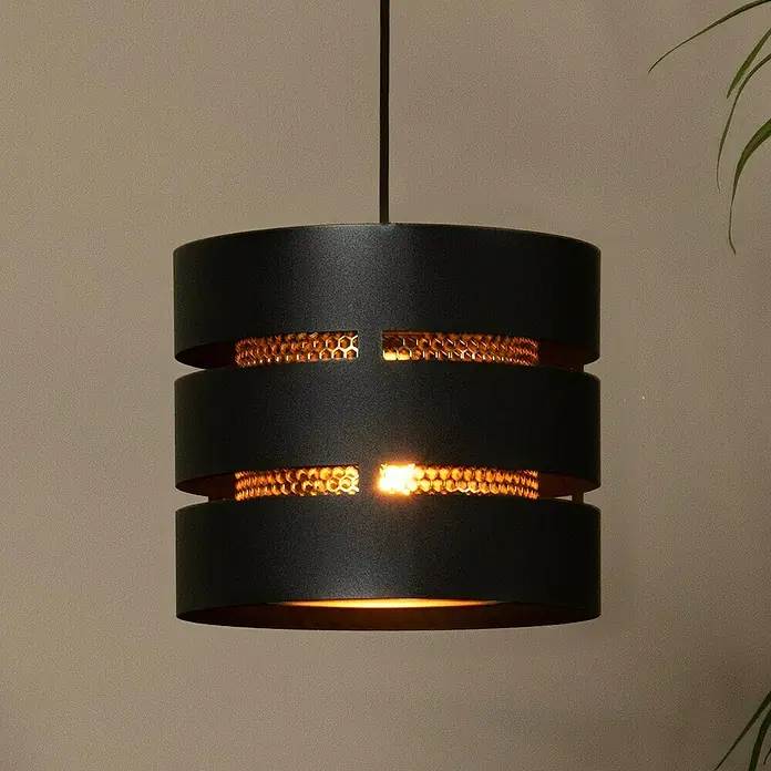 Lucide Rosas Pendelleuchte rund - 40 W, Ø x H: 26 x 152 cm, Schwarz, Schwarz/ Gold, E27 - Moderne Hängelampe mit zylindrischem Design. Die schwarze Metallstruktur und das goldene Innere sorgen für eine elegante Beleuchtung.