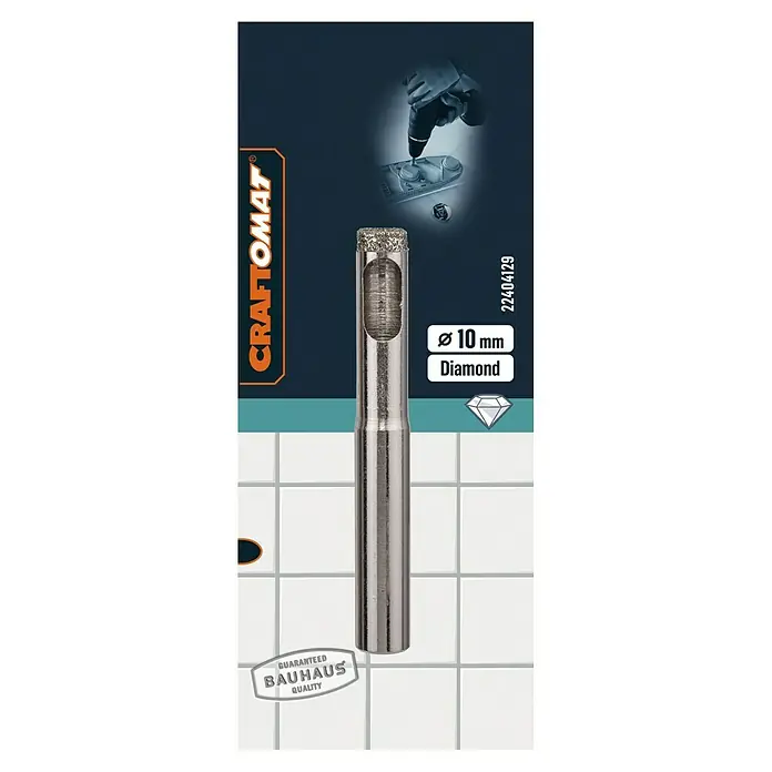 Craftomat Diamant-Nassbohrer Keramik - 10 mm, Durchmesser Schaft: 10 mm - Das Bild zeigt einen Craftomat Diamantbohrer mit 10 mm Durchmesser für präzise Bohrlöcher in harten Materialien, ideal für Fliesen und Glas.
