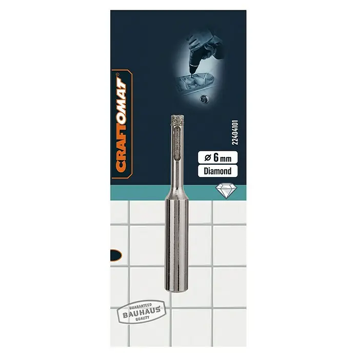 Craftomat Diamant-Nassbohrer Keramik - 6 mm, Durchmesser Schaft: 10 mm - Abbildung des Craftomat Fliesenbohrers mit Diamantbohrkopf und 6 mm Durchmesser. Geeignet für präzise Bohrungen in Fliesen.