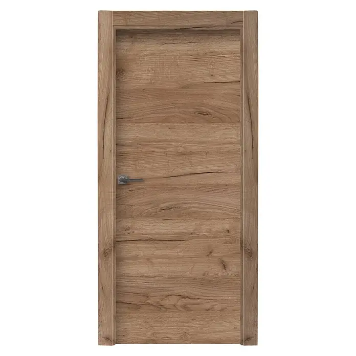Solid Elements Puerta interior Cognac - 72,5 x 203 cm, Derecha, Roble coñac, Maciza - Primer plano de una puerta de madera con veta y manija plateada.