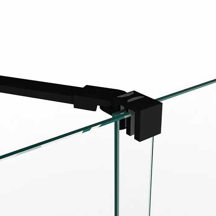 GME Mampara de ducha esquinera Kenna - L x An x Al: 85 x 70 x 195 cm, Negro - Primer plano de un conector de esquina para cabina de ducha de metal negro, que une paneles de vidrio de forma segura, aportando una estética moderna.