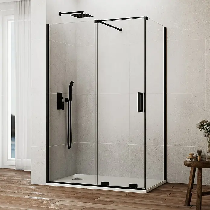 GME Mampara de ducha frontal Kenna - 80 x 195 cm, Espesor de vidrio: 8 mm, Negro, Longitud regulable: 165 cm - 170 cm - Una moderna cabina de ducha con marcos negros y paneles de vidrio transparente. Diseño elegante para baños con estilo.