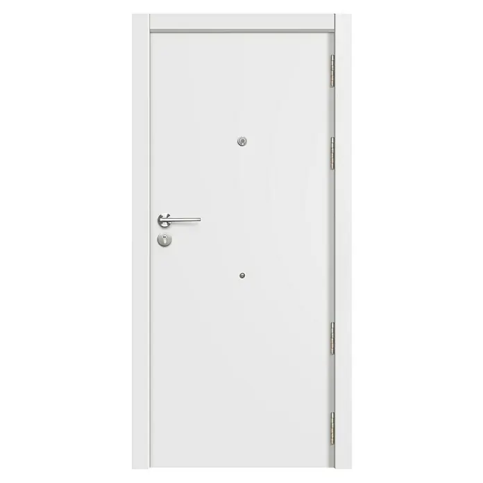 Puerta de entrada interior mixta - 82,5 x 203 cm, Izquierda, Sapelly/Blanco, Lisa - Primer plano de una puerta blanca con manija y mirilla plateadas, ideal para un hogar moderno.