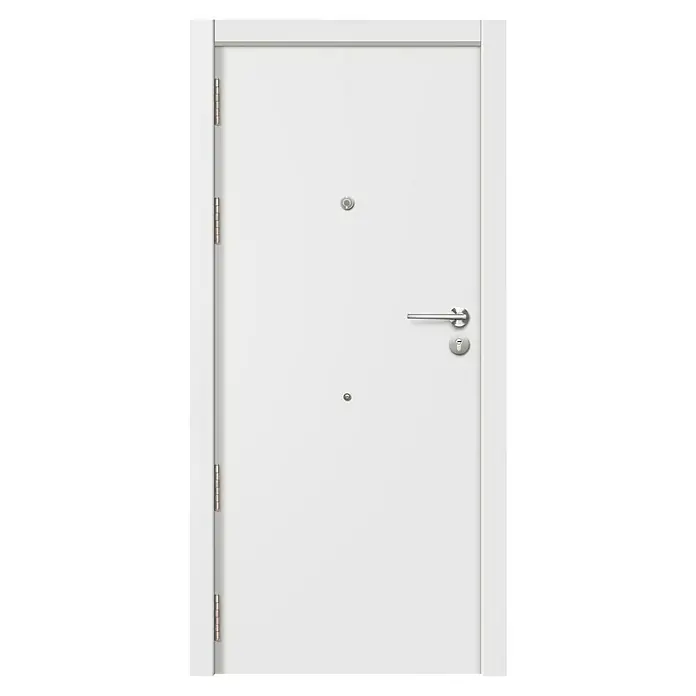 Puerta de entrada interior mixta - 82,5 x 203 cm, Derecha, Sapelly/Blanco, Lisa - Primer plano de una elegante puerta principal blanca con herrajes plateados, que transmite una sensación moderna y segura.