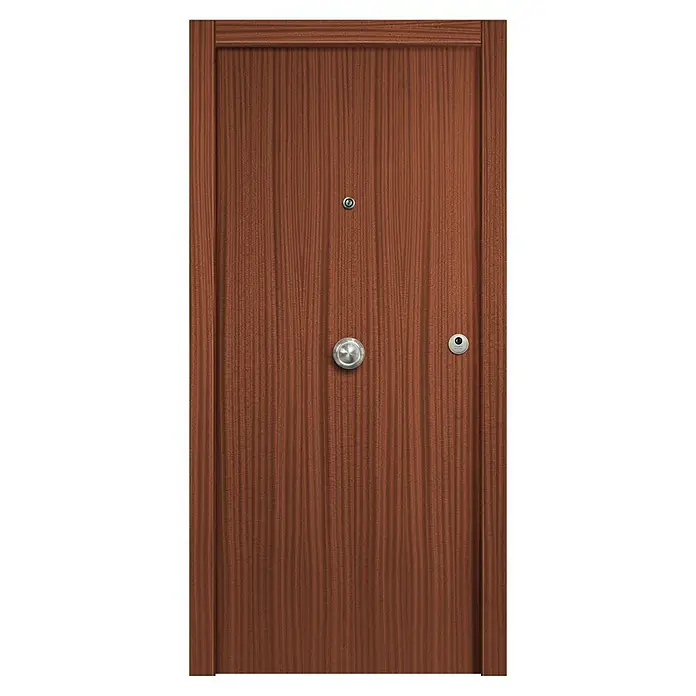 Puerta de entrada interior mixta - 82,5 x 203 cm, Izquierda, Sapelly/Blanco, Rayas - Puerta de madera marrón con mirilla y pomo. La puerta proporciona seguridad y privacidad para cualquier estancia.