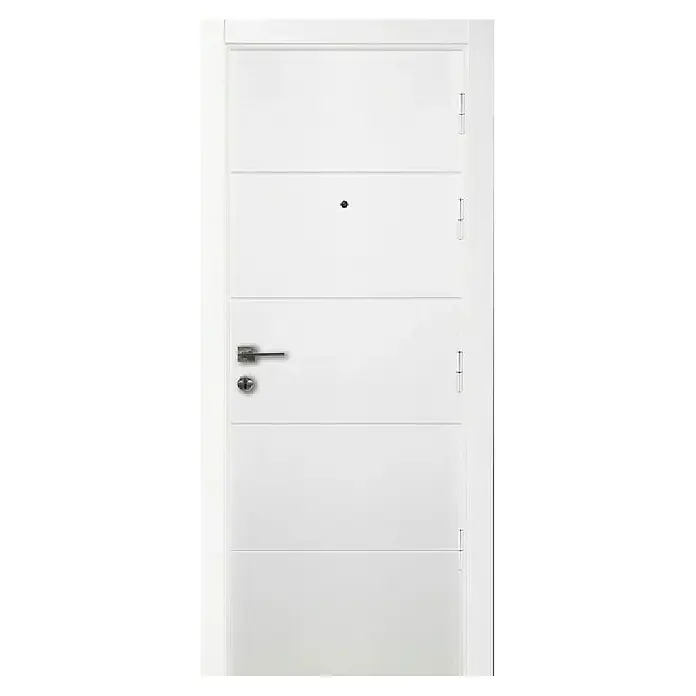 Puerta de entrada interior mixta - 82,5 x 203 cm, Izquierda, Sapelly/Blanco, Rayas - Puerta blanca con líneas horizontales y manija plateada. Diseño elegante para interiores modernos.