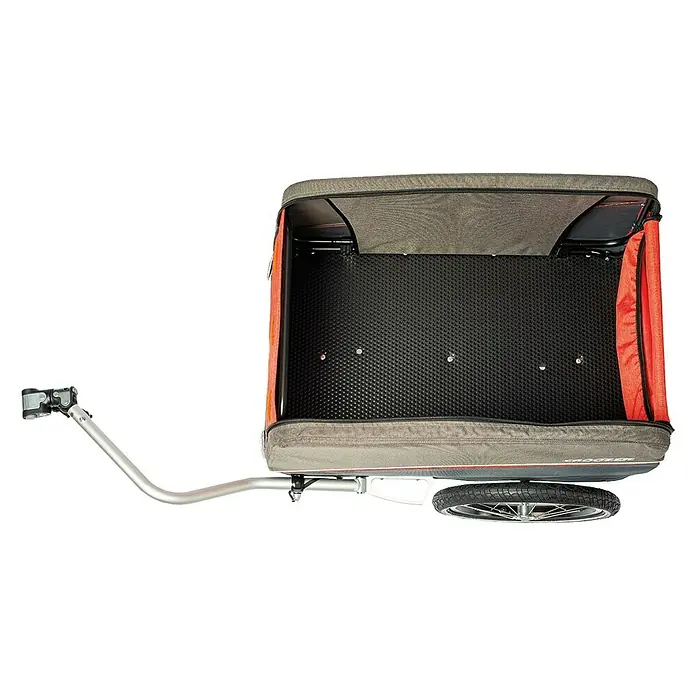 Croozer Fahrradanhänger Cargo Pakko - Traglast: 45 kg, Farbe: Campfire red - Draufsicht eines Croozer Fahrradanhängers mit grauem Verdeck und orangenen Seiten, der mit einer Deichsel verbunden ist.