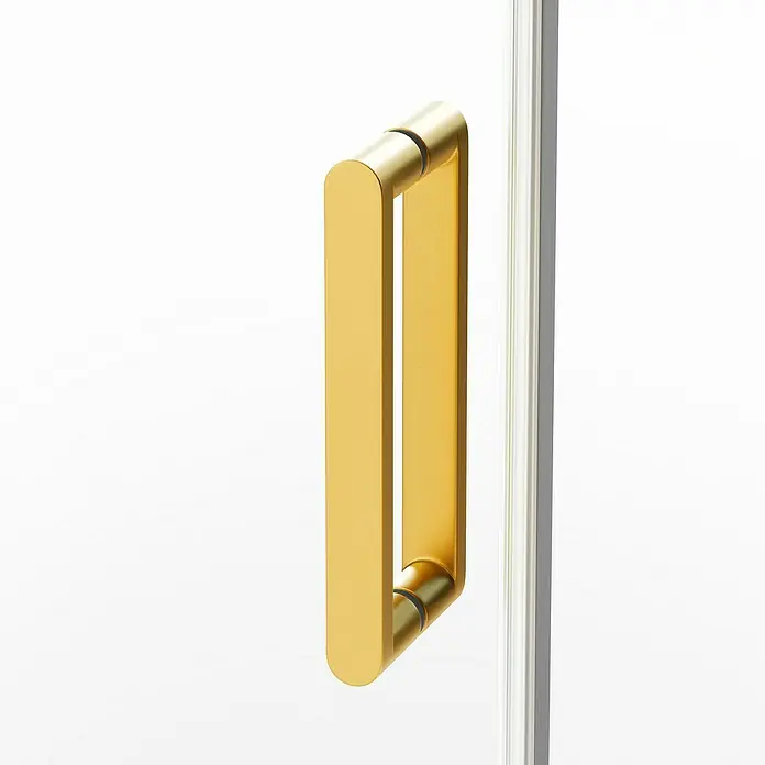 GME Mampara de ducha frontal Kenna - 70 x 195 cm, Espesor de vidrio: 8 mm, Oro, Longitud regulable: 165 cm - 170 cm - Primer plano de un tirador rectangular dorado en una puerta de vidrio transparente. Diseño elegante para interiores modernos.