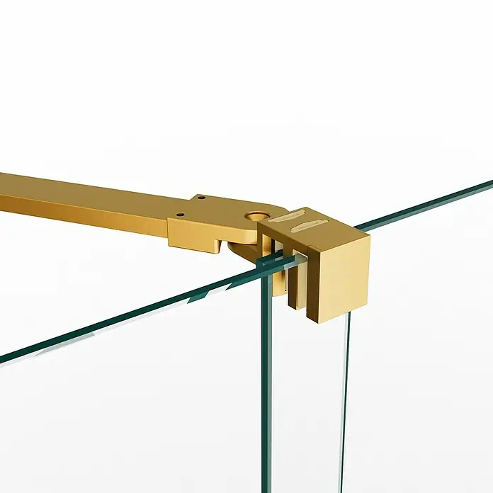 GME Mampara de ducha frontal Kenna - 70 x 195 cm, Espesor de vidrio: 8 mm, Oro, Longitud regulable: 165 cm - 170 cm - Primer plano de un accesorio de vidrio dorado que conecta de forma segura dos paneles de vidrio. Diseño elegante para aplicaciones de vidrio modernas.