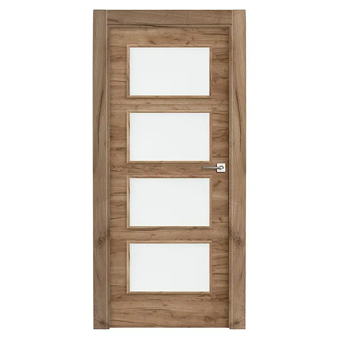 Solid Elements Puerta acristalada Cognac - 62,5 x 203 cm, Izquierda, Roble, Maciza - Una puerta de madera moderna con cuatro inserciones rectangulares blancas y una manija plateada. Ideal para interiores elegantes.
