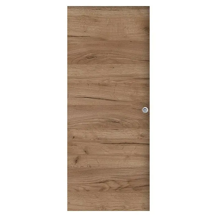 Solid Elements Hoja de puerta Cognac - 62,5 x 203 cm, Con uñero - Primer plano de una puerta de armario que muestra las vetas de la madera y un elegante tirador redondo. Ideal para interiores contemporáneos.
