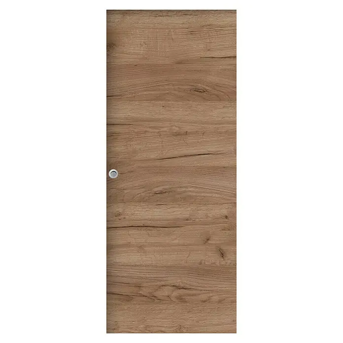 Solid Elements Hoja de puerta Cognac - 82,5 x 203 cm, Madera, Con uñero - Primer plano de una puerta de armario de madera con una veta fina y un sutil tirador plateado. La puerta irradia calidez y naturalidad.