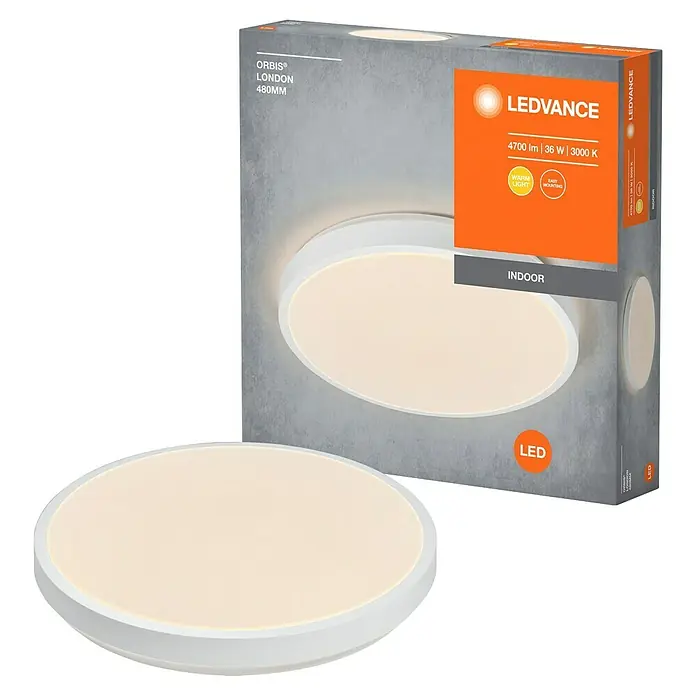 Osram Orbis LED-Deckenleuchte rund London - 36 W, Ø x H: 48 x 5 cm, Weiß, Warmweiß - LEDVANCE ORBIS® LONDON LED-Deckenleuchte mit 4700 Lumen, 36 Watt und 3000 Kelvin, ideal für die Innenraumbeleuchtung mit warmweissem Licht.