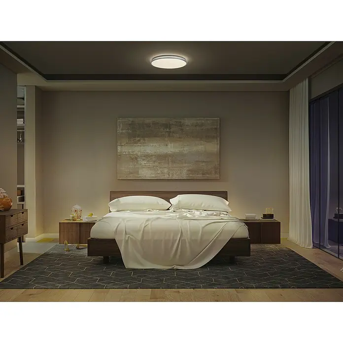Osram Orbis LED-Deckenleuchte rund Slim Moia - 20 W, Ø x H: 28 x 4 cm, Schwarz, Warmweiß - Schlafzimmer mit runder Deckenleuchte.
