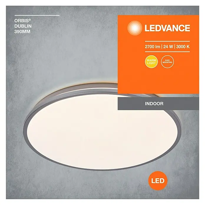 Osram Orbis LED-Deckenleuchte rund Slim Moia - 24 W, Ø x H: 38 x 4 cm, Schwarz, Warmweiß - Das LEDVANCE Orbis Dublin 390MM Deckenlicht, bietet 2700lm, 24W und 3000K, mit warmem Licht und einfacher Montage für den Innenbereich.