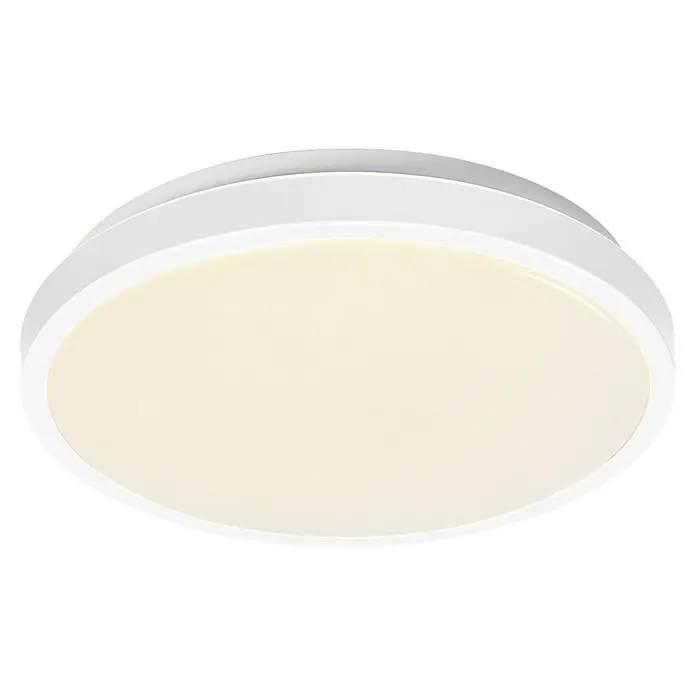 Osram Orbis LED-Deckenleuchte rund Slim Moia - 20 W, Ø x H: 28 x 4 cm, Weiß, Warmweiß - Nahaufnahme einer runden, weißen LED-Deckenleuchte, die ein warmes, diffuses Licht ausstrahlt und für eine gleichmäßige Ausleuchtung sorgt.