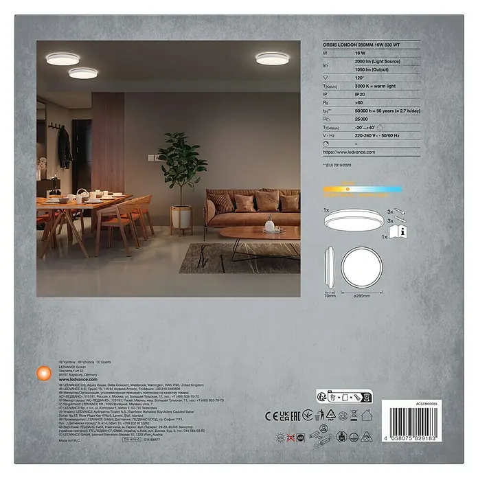 Osram Orbis LED-Deckenleuchte rund Slim Moia - 20 W, Ø x H: 28 x 4 cm, Weiß, Warmweiß - Abbildung der LEDVANCE ORBIS LONDON 280MM 16W 830 WT Leuchte, die modernes Design und effiziente Beleuchtung vereint.