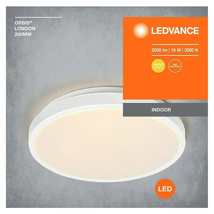 Osram Orbis LED-Deckenleuchte rund Slim Moia - 20 W, Ø x H: 28 x 4 cm, Weiß, Warmweiß - LEDVANCE ORBIS® LONDON LED Deckenleuchte, 280mm Durchmesser. Ideal für Innenräume, warmweißes Licht, einfache Montage, 2000 lm, 16 W, 3000 K.