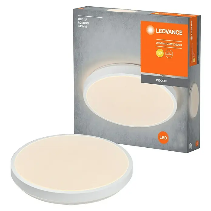 Osram Orbis LED-Deckenleuchte rund Slim Moia - 24 W, Ø x H: 38 x 4 cm, Weiß, Warmweiß - LEDVANCE ORBIS® LONDON 400MM LED-Deckenleuchte mit warmweißem Licht, ideal für Innenräume, präsentiert mit Produktverpackung.