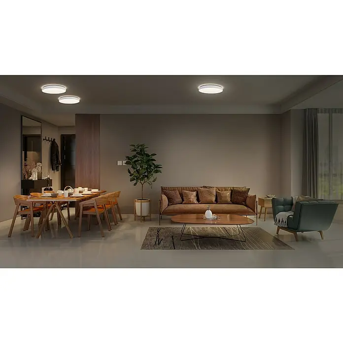 Osram Orbis LED-Deckenleuchte rund Slim Moia - 24 W, Ø x H: 38 x 4 cm, Weiß, Warmweiß - Das Bild zeigt eine moderne Wohnzimmerleuchte mit schlankem Design, die eine angenehme und helle Beleuchtung erzeugt.