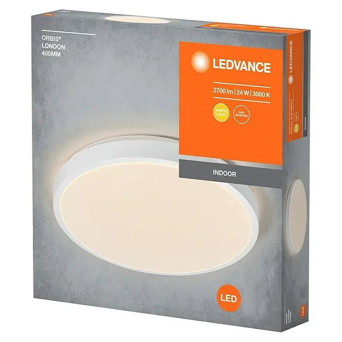Osram Orbis LED-Deckenleuchte rund Slim Moia - 24 W, Ø x H: 38 x 4 cm, Weiß, Warmweiß - Nahaufnahme der LEDVANCE Orbis London 400MM Deckenleuchte in Originalverpackung, die für den Innenbereich konzipiert ist.