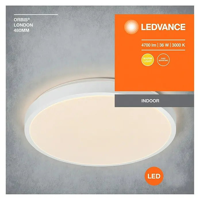 Osram Orbis LED-Deckenleuchte rund London - 36 W, Ø x H: 48 x 5 cm, Weiß, Warmweiß - Weiße LEDVANCE Orbis London Deckenleuchte mit 480mm Durchmesser, ideal für Innenräume, mit energiesparender LED-Technologie.