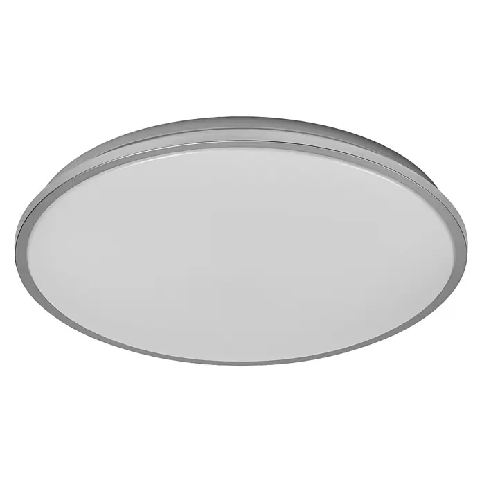 Osram Orbis LED-Deckenleuchte rund Slim Moia - 24 W, Ø x H: 38 x 4 cm, Schwarz, Warmweiß - Nahaufnahme einer runden Deckenleuchte mit silbernem Rahmen und weißem Diffusor, ideal für moderne Innenräume.