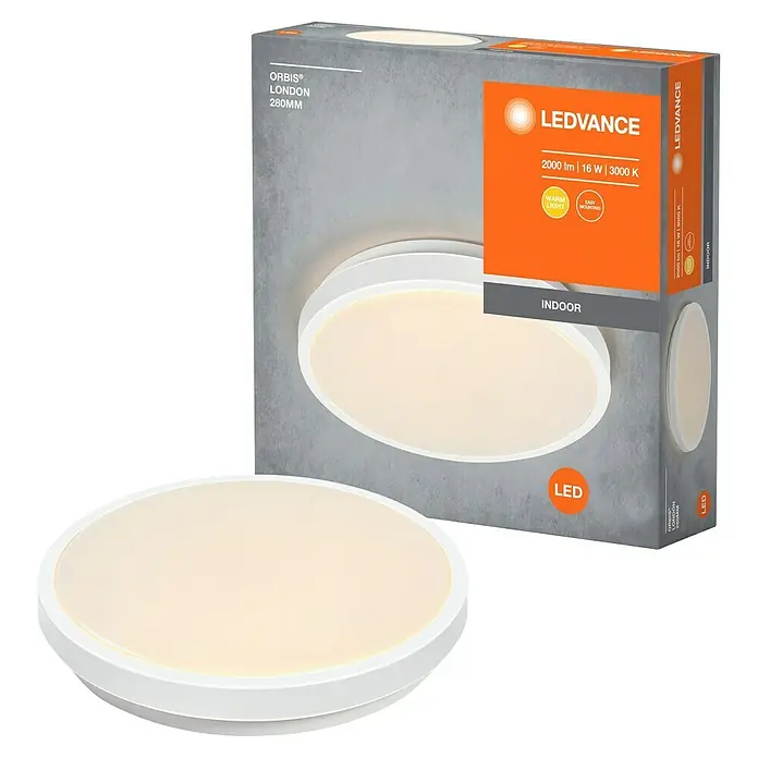 Osram Orbis LED-Deckenleuchte rund Slim Moia - 20 W, Ø x H: 28 x 4 cm, Weiß, Warmweiß - LEDVANCE Orbis London LED-Deckenleuchte mit 2000 Lumen, 16 Watt und 3000 Kelvin, ideal für Innenräume. Warmes Licht und einfache Montage.