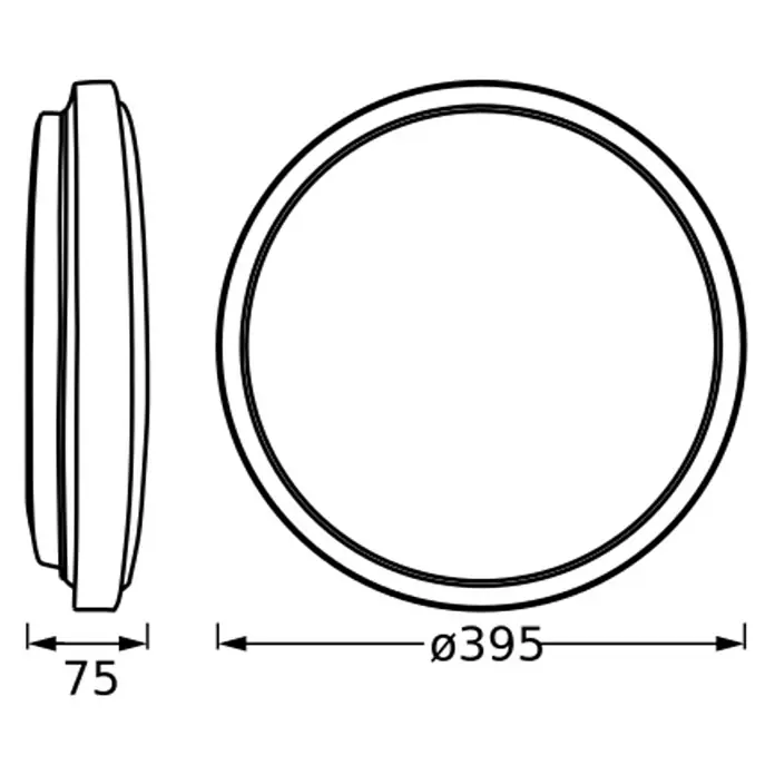 Osram Orbis LED-Deckenleuchte rund Slim Moia - 24 W, Ø x H: 38 x 4 cm, Weiß, Warmweiß - Darstellung einer runden LED-Deckenleuchte mit den Maßen 75 mm Tiefe und 395 mm Durchmesser.