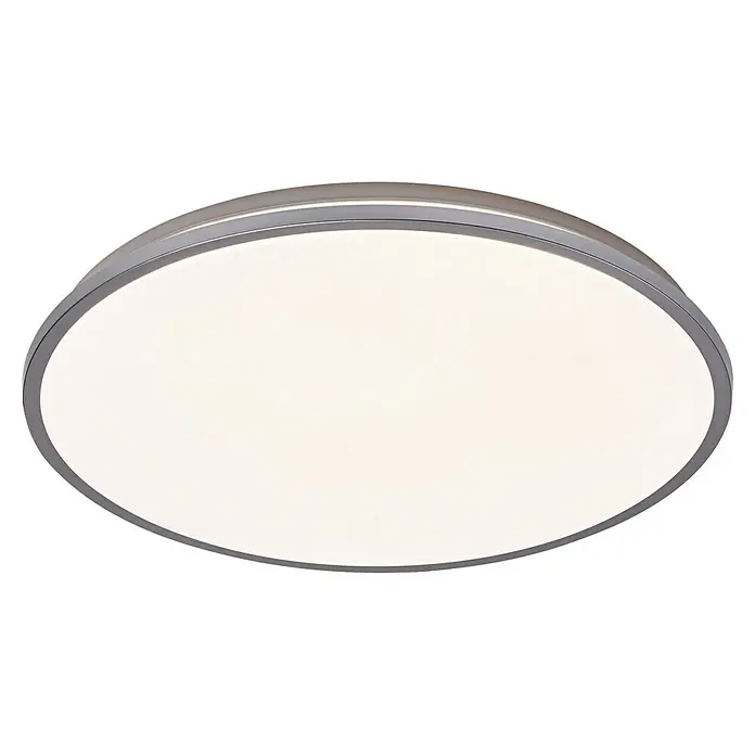 Osram Orbis LED-Deckenleuchte rund Slim Moia - 36 W, Ø x H: 48 x 5 cm, Schwarz, Warmweiß - Eine moderne, runde Deckenleuchte mit einem schlanken, silbernen Rahmen und einer hellen, diffusen Lichtfläche. Perfekt für zeitgemäße Innenräume.
