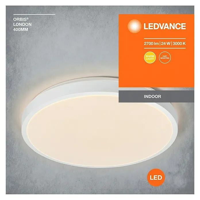 Osram Orbis LED-Deckenleuchte rund Slim Moia - 24 W, Ø x H: 38 x 4 cm, Weiß, Warmweiß - Nahaufnahme der LEDVANCE Orbis London 400MM LED-Deckenleuchte, die warmes Licht für den Innenbereich ausstrahlt.