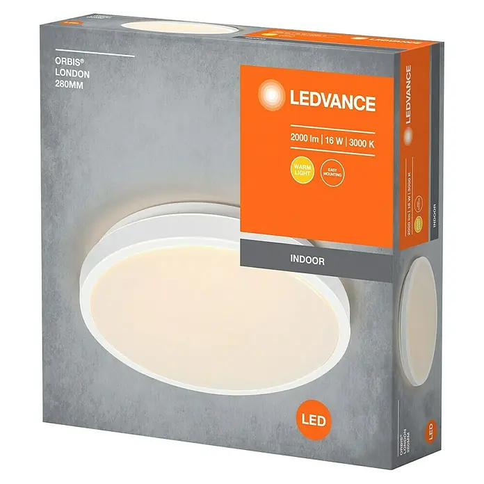 Osram Orbis LED-Deckenleuchte rund Slim Moia - 20 W, Ø x H: 28 x 4 cm, Weiß, Warmweiß - Nahaufnahme der Verpackung einer LEDVANCE ORBIS LONDON LED-Deckenleuchte mit Angaben zu Lichtstärke, Leistung und Farbtemperatur.