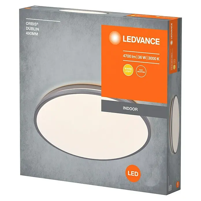 Osram Orbis LED-Deckenleuchte rund Slim Moia - 36 W, Ø x H: 48 x 5 cm, Schwarz, Warmweiß - Das Bild zeigt die Verpackung einer LEDVANCE ORBIS® DUBLIN LED-Deckenleuchte mit 4700 Lumen und 3000 K Farbtemperatur für den Innenbereich.