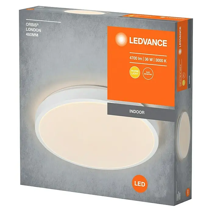 Osram Orbis LED-Deckenleuchte rund London - 36 W, Ø x H: 48 x 5 cm, Weiß, Warmweiß - Produktverpackung der LEDVANCE Orbis London Deckenleuchte mit 4700 Lumen, 36 Watt und 3000 Kelvin für den Innenbereich.