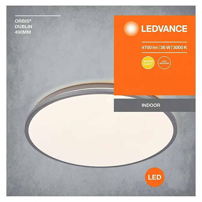 Osram Orbis LED-Deckenleuchte rund Slim Moia - 36 W, Ø x H: 48 x 5 cm, Schwarz, Warmweiß - Abbildung einer LEDVANCE ORBIS® DUBLIN Deckenleuchte mit 4700 lm, 36 W und 3000 K, ideal für Innenräume, mit einfacher Montage und warmweißem Licht.