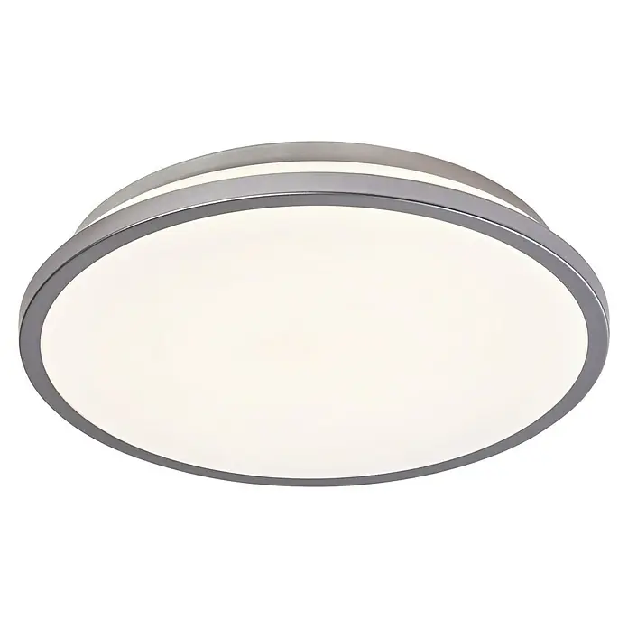 Osram Orbis LED-Deckenleuchte rund Slim Moia - 20 W, Ø x H: 28 x 4 cm, Schwarz, Warmweiß - Nahaufnahme einer modernen runden Deckenleuchte mit einem silbernen Rahmen und einem hellen, diffusen Licht, das eine elegante Atmosphäre erzeugt.