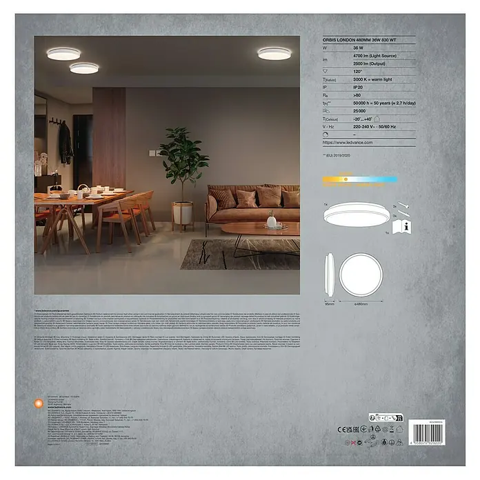 Osram Orbis LED-Deckenleuchte rund London - 36 W, Ø x H: 48 x 5 cm, Weiß, Warmweiß - Abbildung des Produkts ORBIS LONDON 480MM 36W 830 WT, einer LED-Deckenleuchte für den Innenbereich mit warmweissem Licht und schlankem Design.