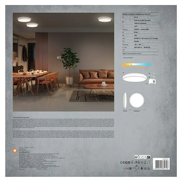 Osram Orbis LED-Deckenleuchte rund Slim Moia - 24 W, Ø x H: 38 x 4 cm, Weiß, Warmweiß - Produktverpackung für LEDVANCE ORBIS LONDON 400MM 24W 830 WT Deckenleuchte mit technischen Daten und Produktbildern.