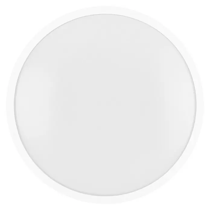 Osram Orbis LED-Deckenleuchte rund Slim Moia - 20 W, Ø x H: 28 x 4 cm, Weiß, Warmweiß - Eine Nahaufnahme einer runden, weißen Deckenleuchte mit schlichtem Design vor einem schwarzen Hintergrund.